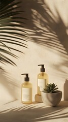 Product photography, beige background with a palm leaf shadow on the wall, two bottles of shampoo in front of it, one vase and a small succulent plant next to them, simple geometric shapes, minimalist
