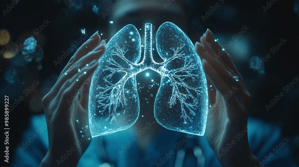 Aufkleber A doctor using a 3D hologram of a patient's lungs to visualize and diagnose complex respiratory conditions Large space for text in center Stock Photo with copy space