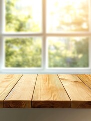 A wooden tabletop with a window and a blurry green background, perfect for showcasing products or creating a natural scene.  The warm tones of the wood and the bright sunlight filtering through the wi