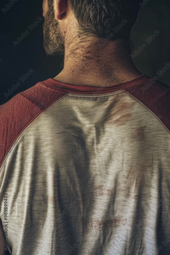 Poster A man dressed in red and white shirt, straightforward description