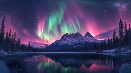 ethereal aurora borealis dancing across night sky vibrant greens and purples silhouetted mountain peaks starry backdrop reflecting in still lake below