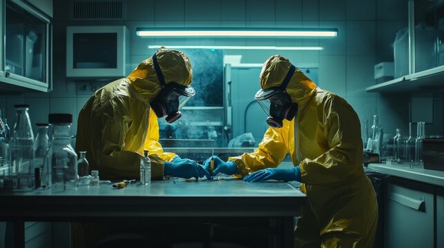 laboratory drugs chemical composition man in protective suit respirator
