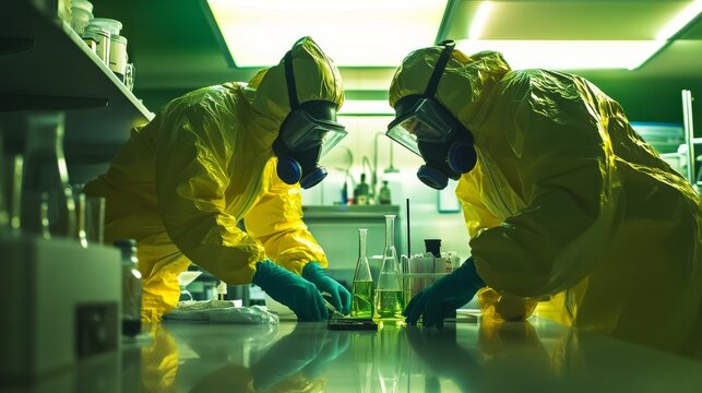 laboratory drugs chemical composition man in protective suit respirator