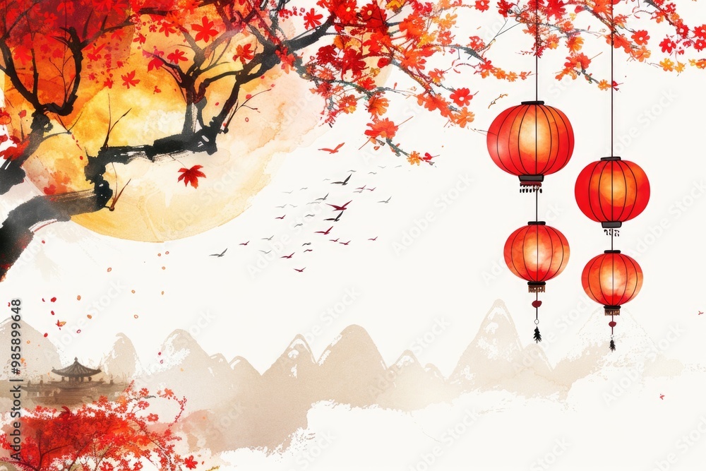 Poster A painting of red lanterns suspended from a tree branch, adding warmth and cozy ambiance to any setting
