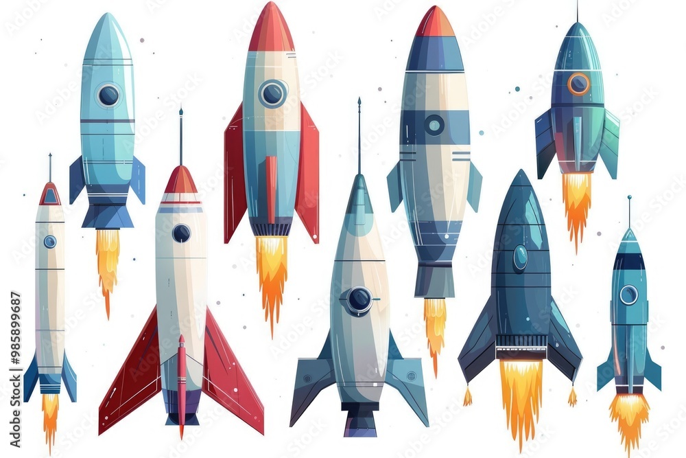 Poster a group of colorful rockets soaring through the sky, perfect for use in promotional materials or as 