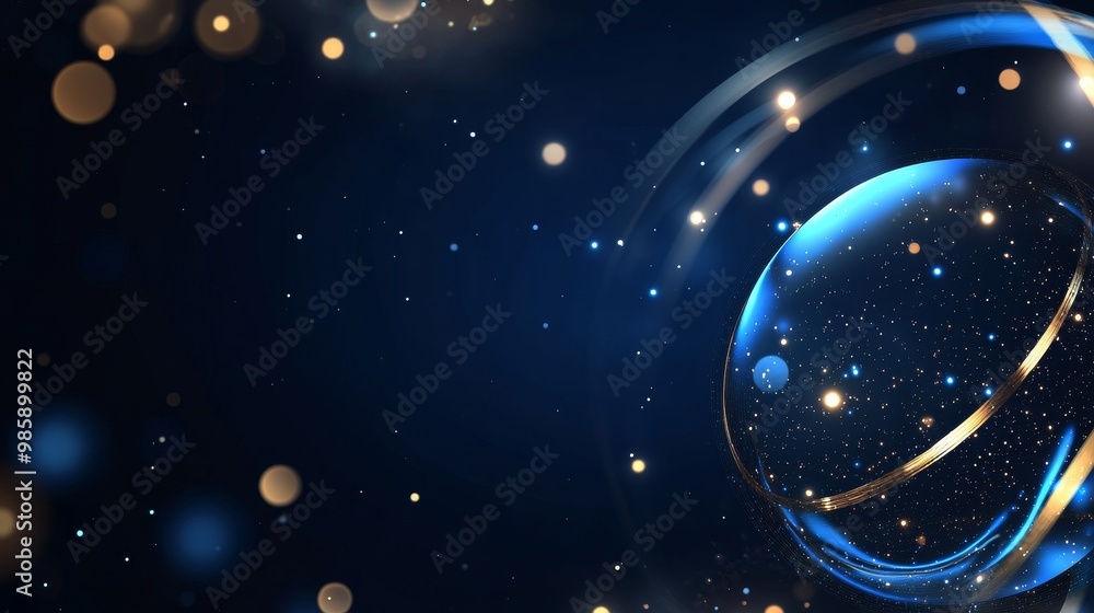 Poster abstract background with dark blue and glow particle design, showcasing a luminous sphere surrounded