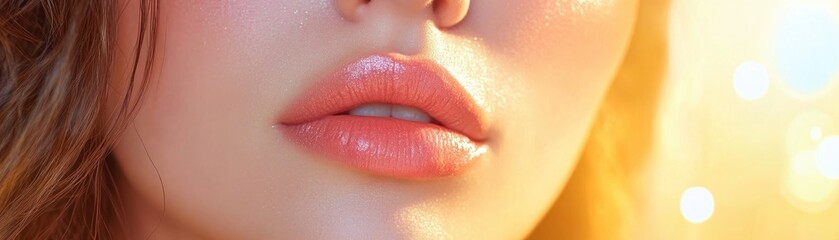 Soft, Natural Lighting Illuminates a Minimalist Beauty Portrait of a Woman with Radiant Skin, Stunning Close-Up of Lips and Delicate Features, Effortless Elegance and Glow