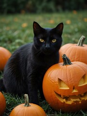 Black cat beside a pumpkin with a carved jack-o-lantern.