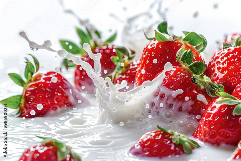 Poster a bowl of fresh strawberries with a splash of milk, perfect for snacking or as a topping