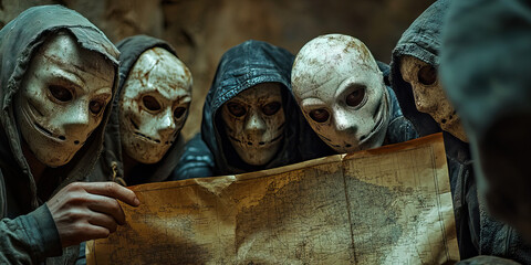 Heist in the Making: A group of masked figures huddled around a map, plotting their next move.