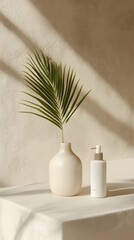 Product photography, beige background with a palm leaf shadow on the wall, two bottles of shampoo in front of it, one vase and a small succulent plant next to them, simple geometric shapes, minimalist
