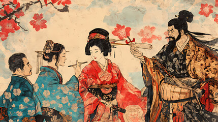 Folk culture, founding fathers, avant-garde rendering, japanese woodblock prints, uhd. Avant-Garde. Illustration