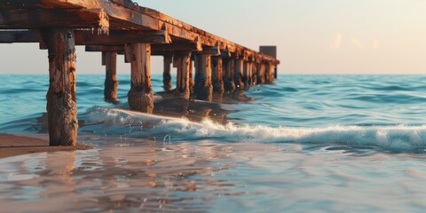 Naklejka premium Wooden Pier Extending into the Ocean at Sunset