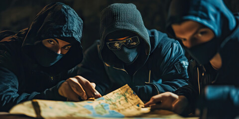 Heist in the Making: A group of masked figures huddled around a map, plotting their next move.