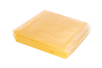 Slices of processed cheese in individual packaging isolated on white background