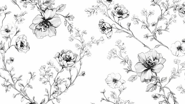 French toile floral line art pattern on a white, abstract floral background. generative ai content. Floral Pattern. Illustration