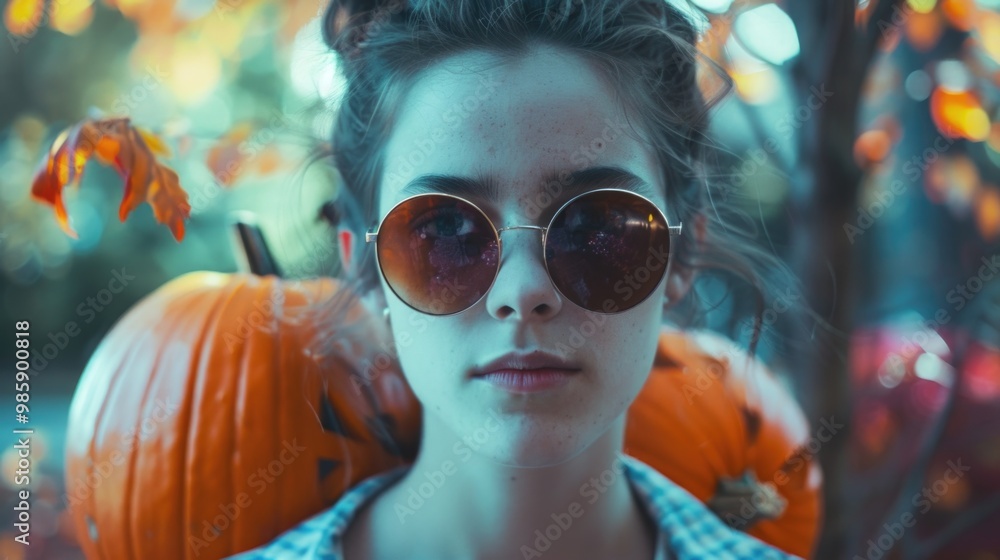 Wall mural A woman wearing sunglasses and carrying pumpkins, possibly for decoration or sale