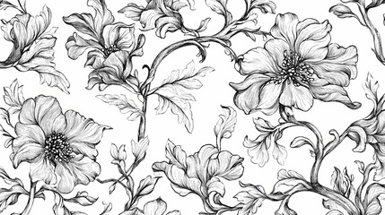 French toile floral line art pattern on a white, abstract floral background. generative ai content. Floral Pattern. Illustration