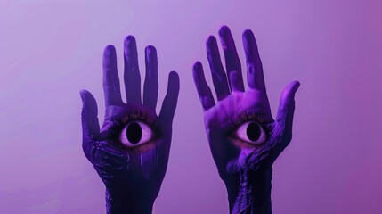 A pair of human hands with a single painted eye on each, used for creative purposes or as a prop in various scenes