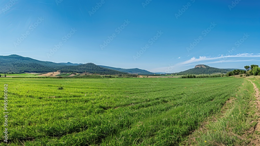 Poster mountain range with lush green grass and a distant view