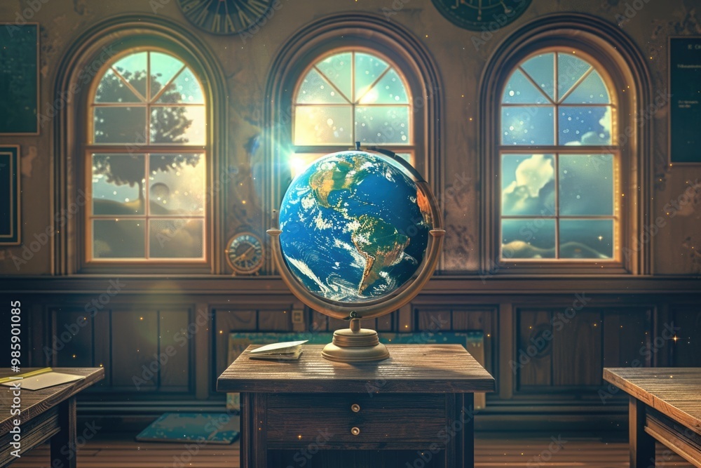 Poster a desk with a globe on top, suitable for office or study spaces