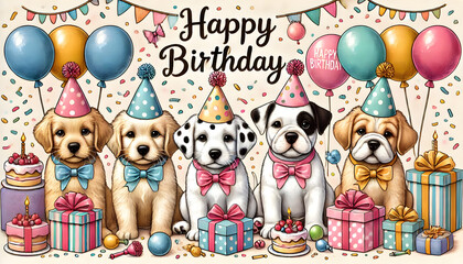 Obraz premium 誕生日を祝う5匹のかわいい子犬たちのイラスト