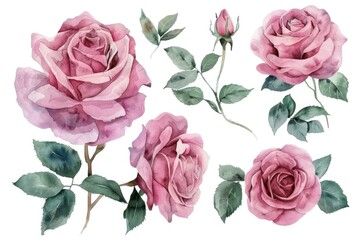 Fototapeta premium A bouquet of fresh pink roses with lush green leaves