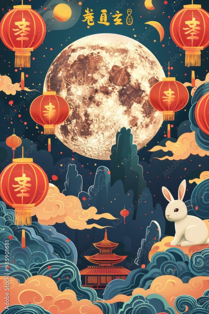 Poster a rabbit sits in the clouds under the light of a full moon