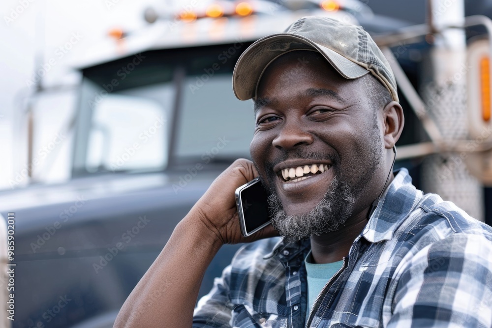Poster a person smiling while conversing on their mobile device, suggesting a casual and social atmosphere