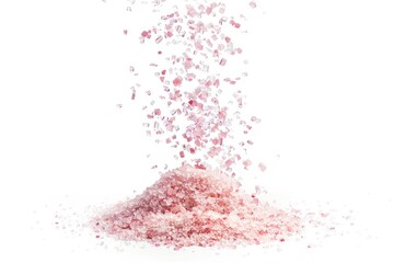 Obraz premium A pile of crushed pink sugar on a white surface, perfect for use in food or confectionery themed designs