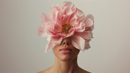 A woman wearing a pink flower as a headdress, a unique and colorful accessory