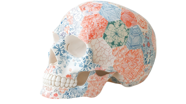 Colorful decorative skull with intricate floral patterns, perfect for artistic and unique home decor photography.