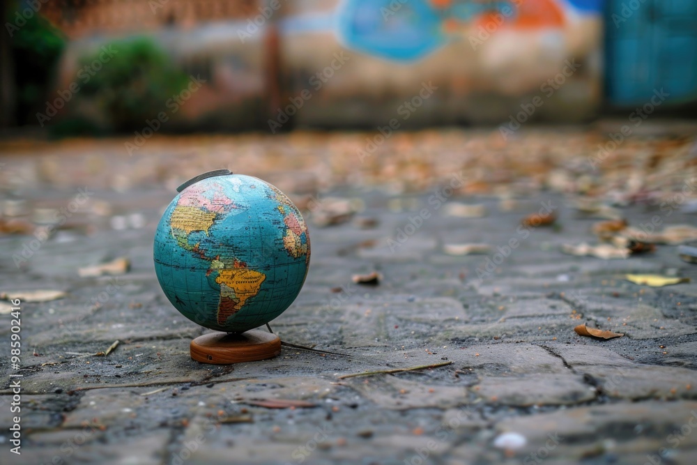 Aufkleber a small globe sitting on a wooden stand, ideal for use in presentations or as a decorative piece