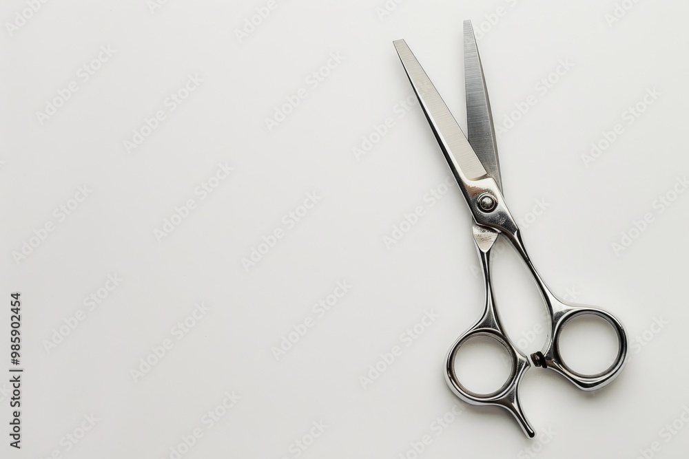 Poster A pair of scissors placed on a table surface, ready for use