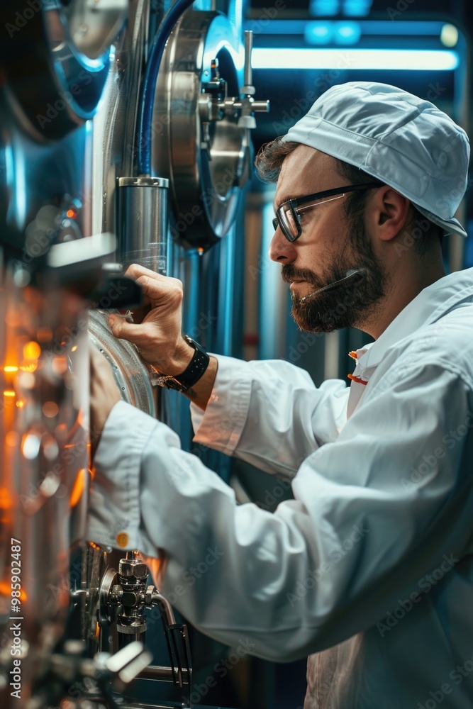 Poster a scientist in a lab coat tinkering with machinery, possibly conducting an experiment