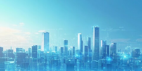 A futuristic city skyline bathed in soft blue light, showcasing modern architecture and technology.