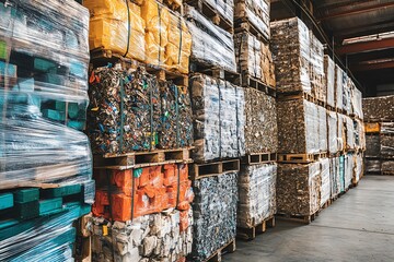 Stacked Pallets of Recycled Material Ready for Processing.