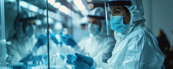 Scientists in lab analyzing viruses and samples in a research setting. Free copy space for banner.