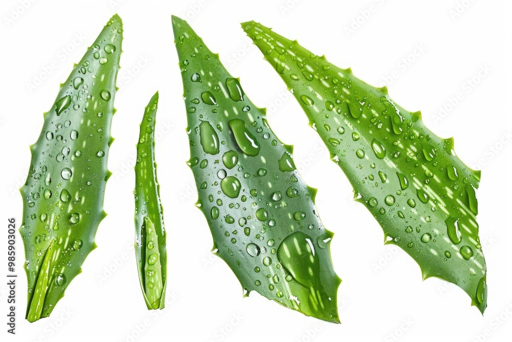 Poster Fresh aloe vera leaves with water droplets, great for botanical or nature photography