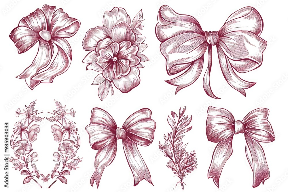 Poster A collection of colorful bows and flowers arranged on a white background