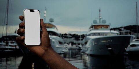 Naklejka premium Black African-American male using smartphone with a blank white screen. Yacht, boats, marina apps mockup. Vertical phone orientation
