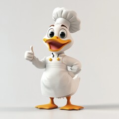 Obraz premium Cartoon of a white duck in a chef's uniform with one thumb raised, smiling at the camera, hands on hips, and posing cutely on a white background.