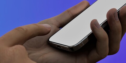 Caucasian White male using smartphone with a blank white screen. Gradient, blue, purple apps mockup. Vertical phone orientation