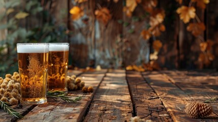 A single glass of beer sits atop a wooden table