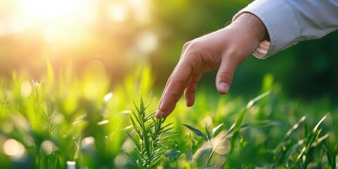 Fototapeta premium A hand gently touches vibrant green plants, symbolizing care for nature and the environment under warm sunlight.