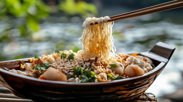 Kuay tiew reua (boat noodles) served in miniature boat, chopsticks lifting noodles, temple water background