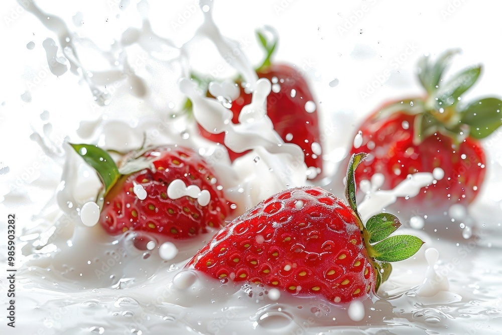 Wall mural Fresh strawberries dropping into a splash of milk, great for food and beverage concepts