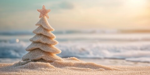 A creative concept of a Christmas tree made of sand on the beach, merging holiday spirit with summer vibes.