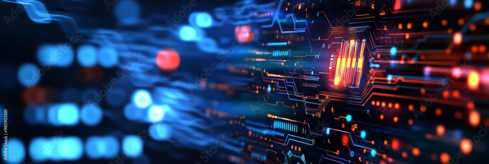 Poster abstract technology background with colorful lights and glowing lines representing data flow, innova