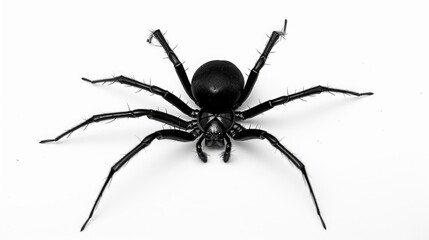 A close-up image of a black spider sitting on a white surface, with minimal background
